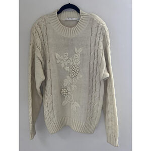 Vintage Womens Sweater Large Cream Cable Knit Embroidered Cottage Boho Coquette